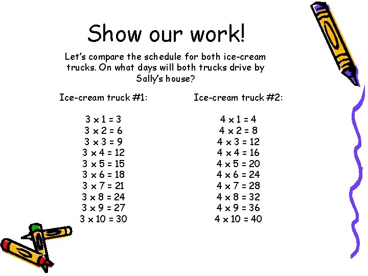 Show our work! Let’s compare the schedule for both ice-cream trucks. On what days