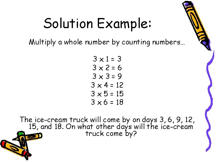 Solution Example: Multiply a whole number by counting numbers… 3 x 1=3 3 x