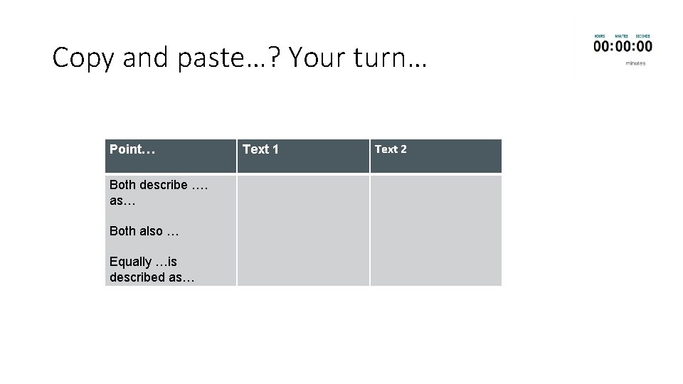 Copy and paste…? Your turn… Point… Both describe …. as… Both also … Equally