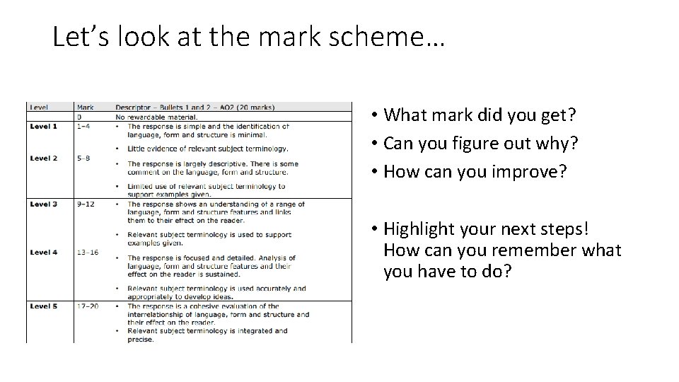 Let’s look at the mark scheme… • What mark did you get? • Can