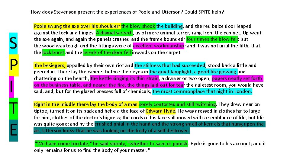 How does Stevenson present the experiences of Poole and Utterson? Could SPITE help? S