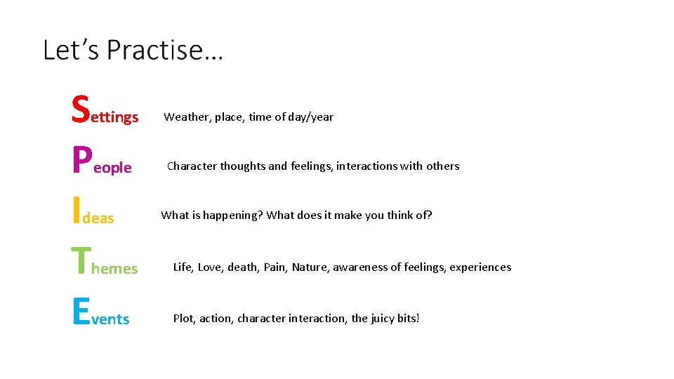 S P I T E ettings eople deas Weather, place, time of day/year Character