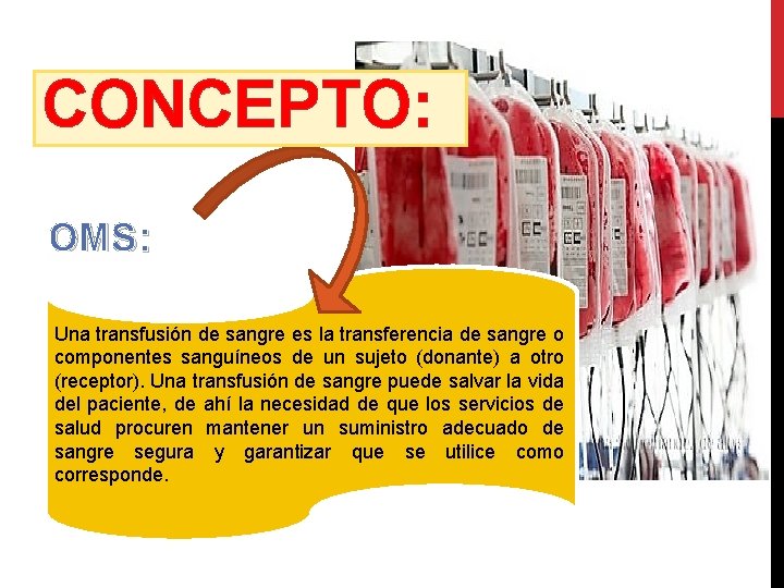 CONCEPTO: OMS: Una transfusión de sangre es la transferencia de sangre o componentes sanguíneos