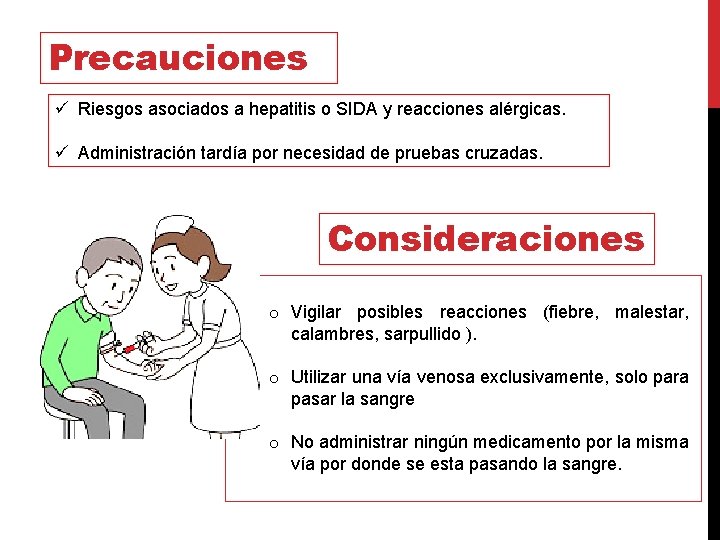 Precauciones ü Riesgos asociados a hepatitis o SIDA y reacciones alérgicas. ü Administración tardía