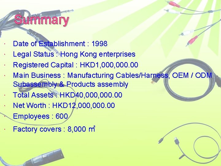 Summary Date of Establishment : 1998 Legal Status : Hong Kong enterprises Registered Capital