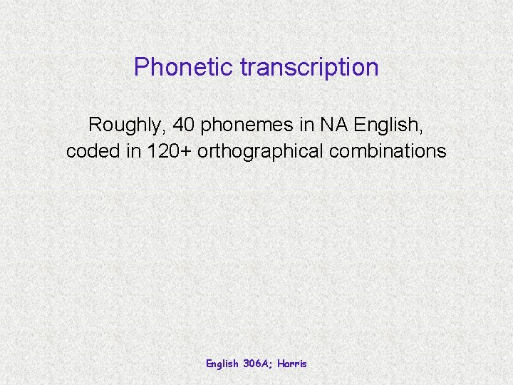 Phonetic transcription Roughly, 40 phonemes in NA English, coded in 120+ orthographical combinations English