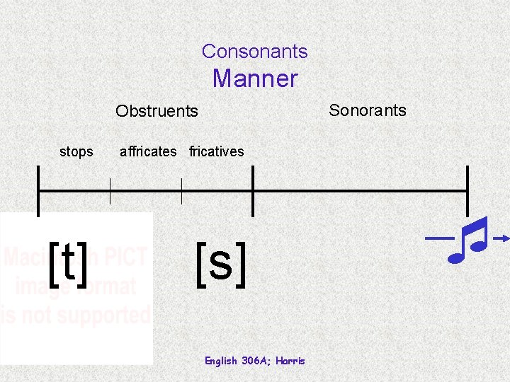 Consonants Manner Sonorants Obstruents stops [t] affricates fricatives [s] English 306 A; Harris 