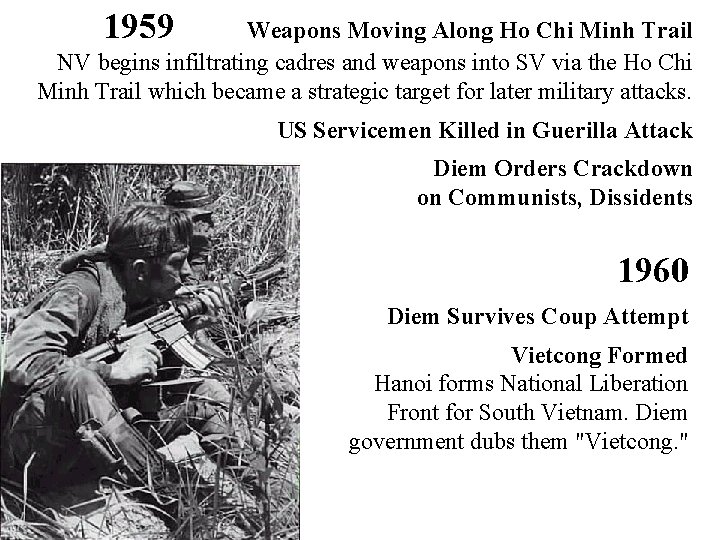 1959 Weapons Moving Along Ho Chi Minh Trail NV begins infiltrating cadres and weapons