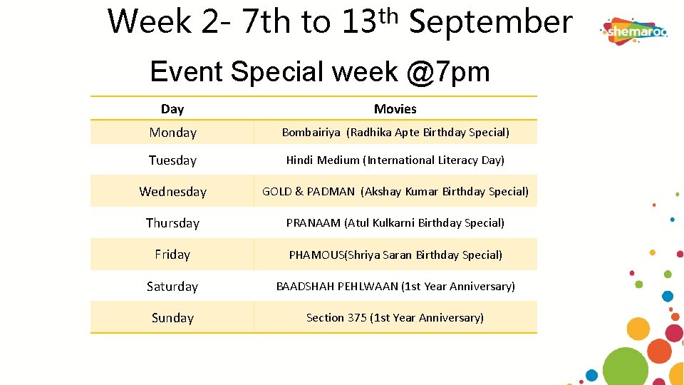 Week 2 - 7 th to 13 th September Event Special week @7 pm