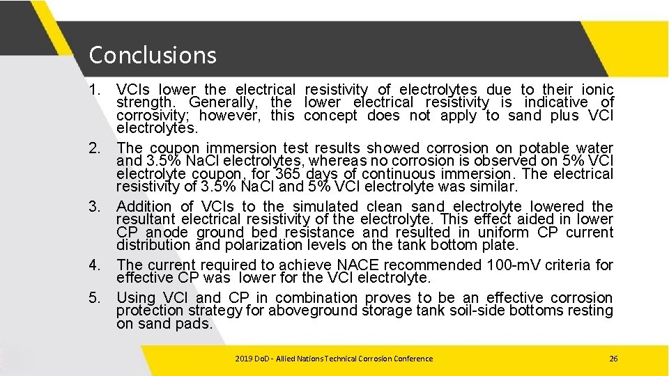Conclusions 1. VCIs lower the electrical resistivity of electrolytes due to their ionic strength.