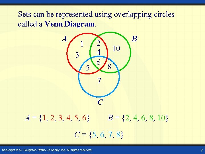 Sets can be represented using overlapping circles called a Venn Diagram. A 1 3 Sets can be represented using overlapping circles called a Venn Diagram. A 1 3