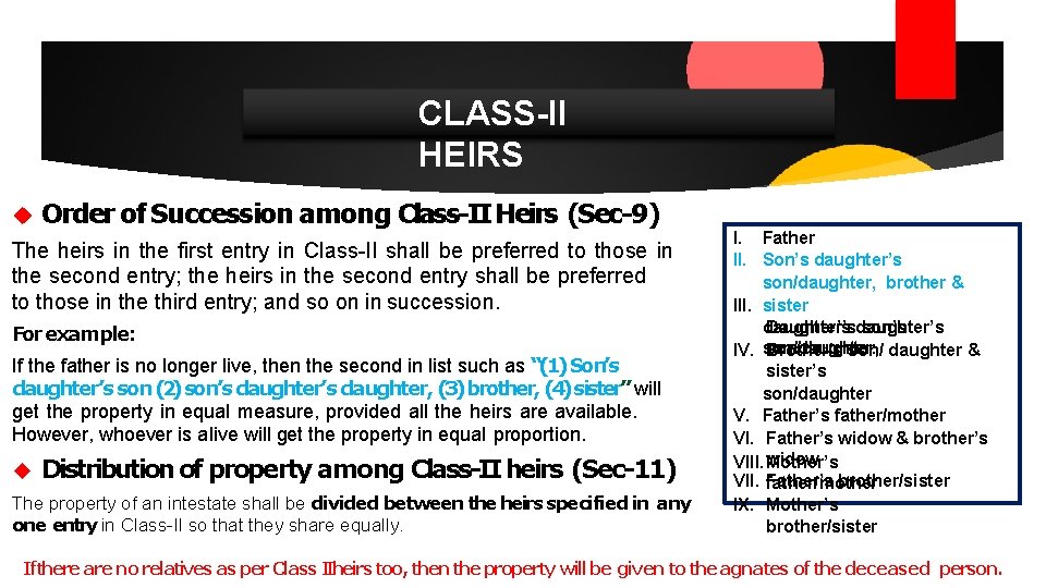 CLASS-II HEIRS Order of Succession among Class-II Heirs (Sec-9) The heirs in the first