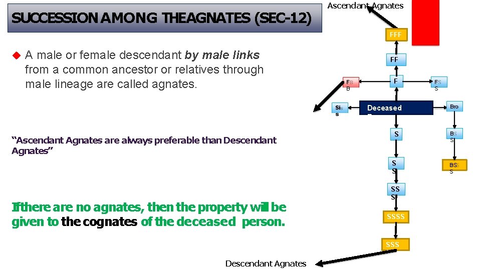 SUCCESSION AMONG THEAGNATES (SEC-12) Ascendant Agnates FFF A male or female descendant by male