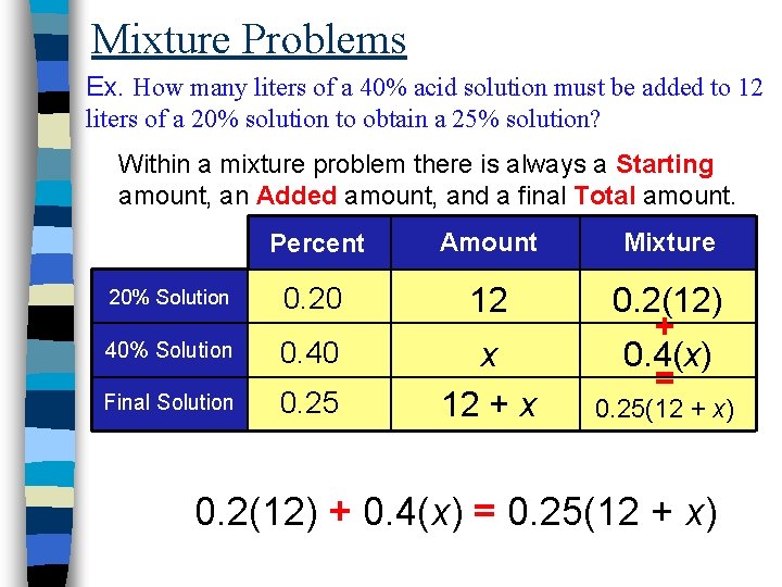 Mixture Problems Ex. How many liters of a 40% acid solution must be added