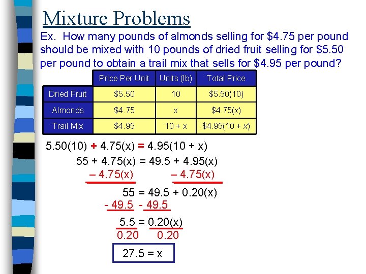 Mixture Problems Ex. How many pounds of almonds selling for $4. 75 per pound