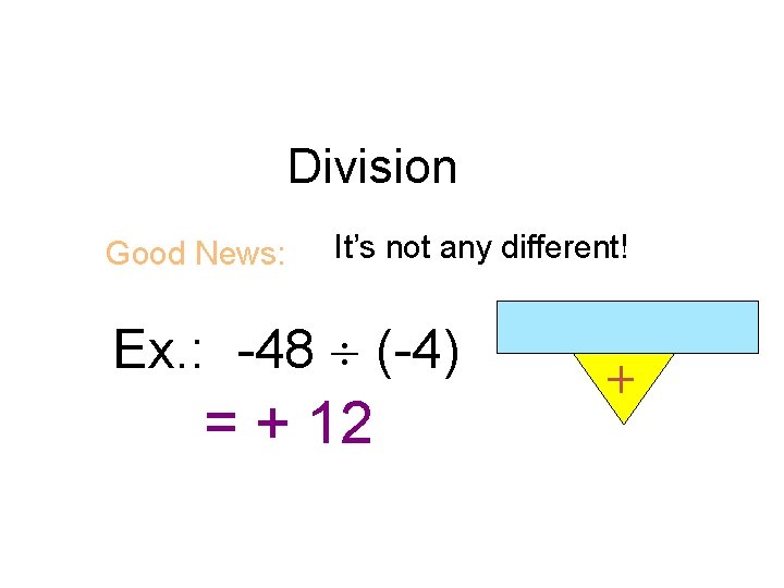 Division Good News: It’s not any different! Ex. : -48 (-4) = + 12