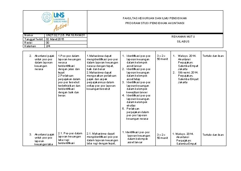FAKULTAS KEGURUAN DAN ILMU PENDIDIKAN PROGRAM STUDI PENDIDIKAN AKUNTANSI Nomor Tanggal Terbit Revisi Halaman