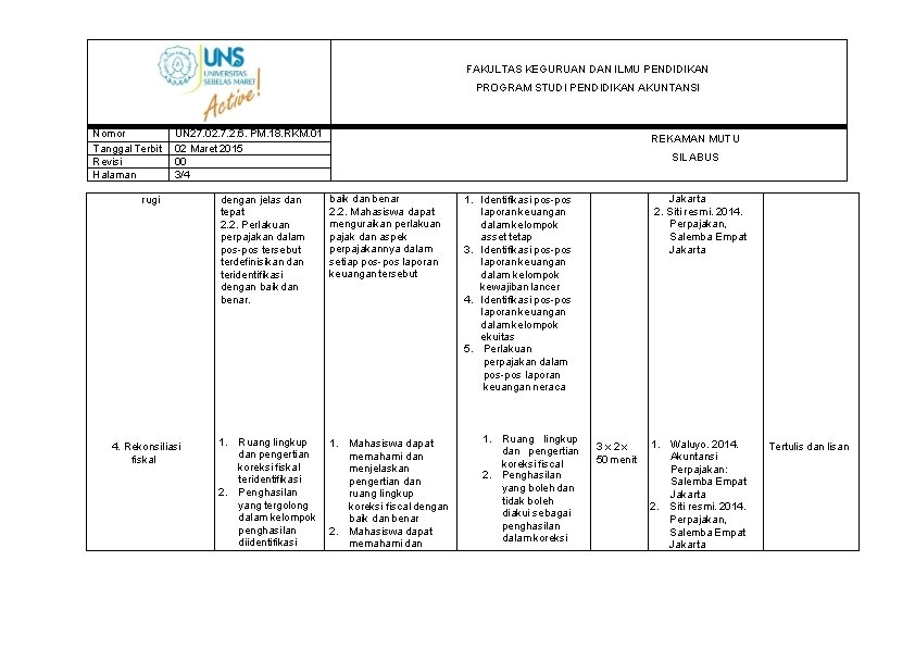 FAKULTAS KEGURUAN DAN ILMU PENDIDIKAN PROGRAM STUDI PENDIDIKAN AKUNTANSI Nomor Tanggal Terbit Revisi Halaman