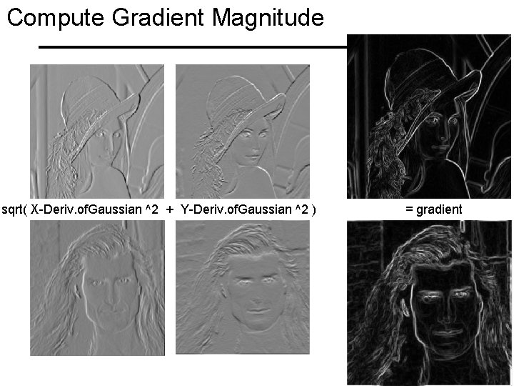 Compute Gradient Magnitude sqrt( X-Deriv. of. Gaussian ^2 + Y-Deriv. of. Gaussian ^2 ) Compute Gradient Magnitude sqrt( X-Deriv. of. Gaussian ^2 + Y-Deriv. of. Gaussian ^2 )