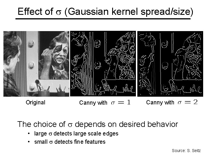 Effect of (Gaussian kernel spread/size) Original Canny with The choice of depends on desired Effect of (Gaussian kernel spread/size) Original Canny with The choice of depends on desired