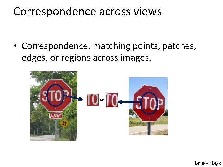 Correspondence across views • Correspondence: matching points, patches, edges, or regions across images. ≈ Correspondence across views • Correspondence: matching points, patches, edges, or regions across images. ≈
