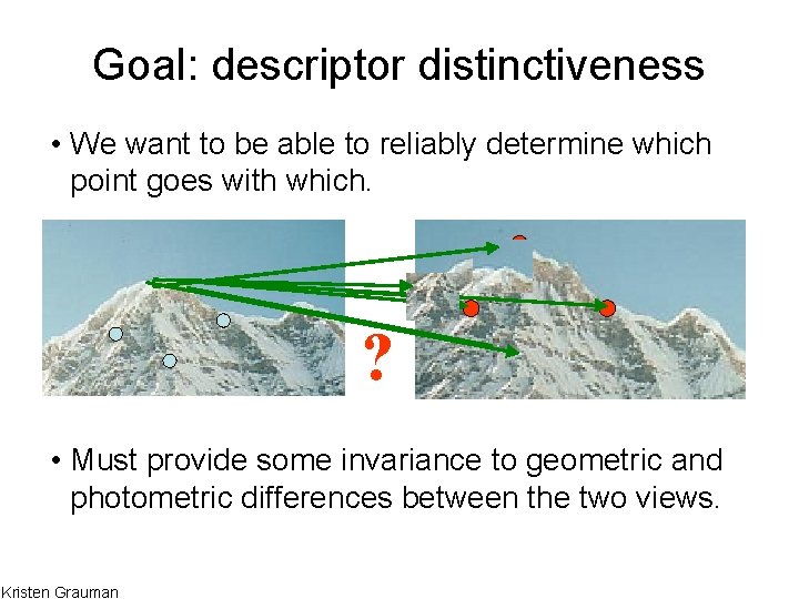 Goal: descriptor distinctiveness • We want to be able to reliably determine which point Goal: descriptor distinctiveness • We want to be able to reliably determine which point
