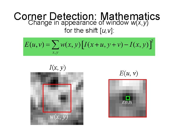 Corner Detection: Mathematics Change in appearance of window w(x, y) for the shift [u, Corner Detection: Mathematics Change in appearance of window w(x, y) for the shift [u,