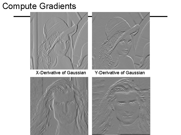 Compute Gradients X-Derivative of Gaussian Y-Derivative of Gaussian Compute Gradients X-Derivative of Gaussian Y-Derivative of Gaussian