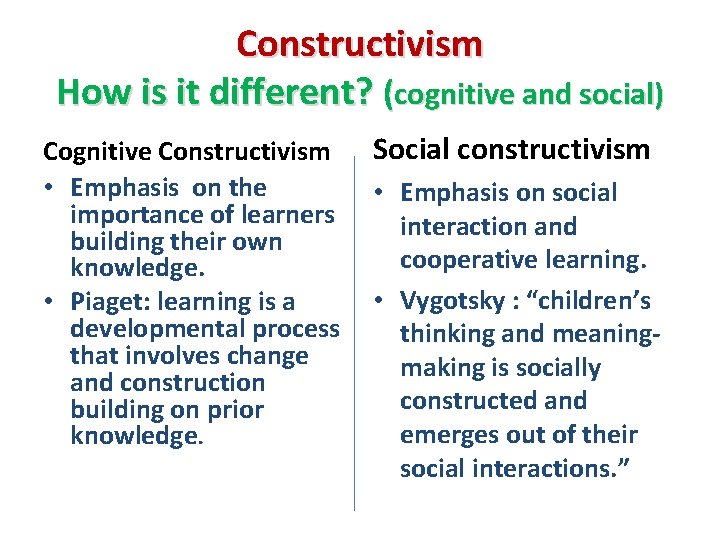 Constructivism How is it different? (cognitive and social) Cognitive Constructivism • Emphasis on the