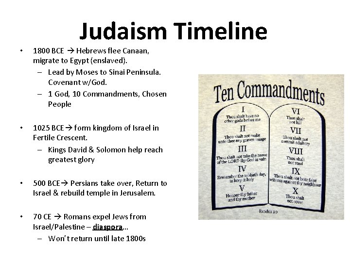 Judaism Timeline • 1800 BCE Hebrews flee Canaan, migrate to Egypt (enslaved). – Lead Judaism Timeline • 1800 BCE Hebrews flee Canaan, migrate to Egypt (enslaved). – Lead