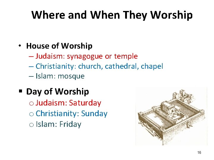Where and When They Worship • House of Worship – Judaism: synagogue or temple Where and When They Worship • House of Worship – Judaism: synagogue or temple