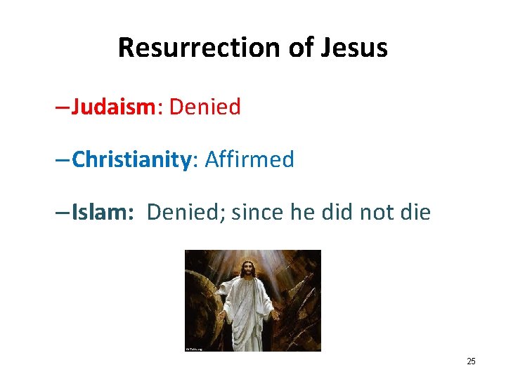 Resurrection of Jesus – Judaism: Denied – Christianity: Affirmed – Islam: Denied; since he Resurrection of Jesus – Judaism: Denied – Christianity: Affirmed – Islam: Denied; since he