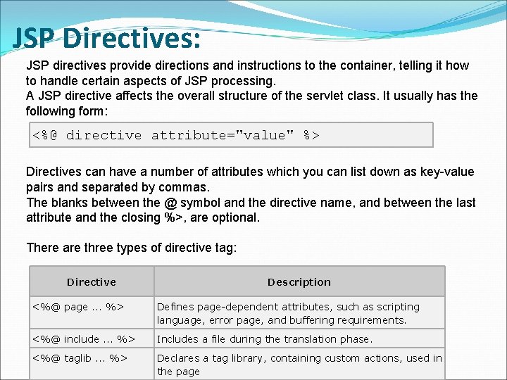 JSP Directives: JSP directives provide directions and instructions to the container, telling it how