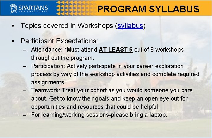 PROGRAM SYLLABUS • Topics covered in Workshops (syllabus) • Participant Expectations: – Attendance: *Must