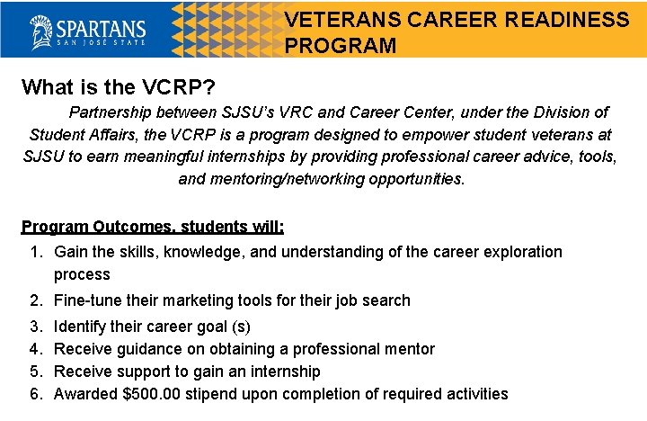 VETERANS CAREER READINESS PROGRAM What is the VCRP? Partnership between SJSU’s VRC and Career