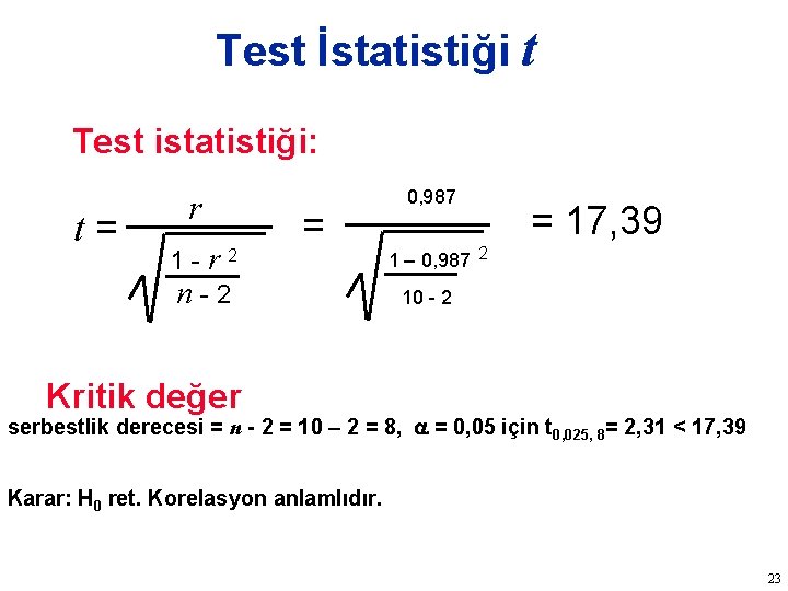 Test İstatistiği t Test istatistiği: t= r 1 -r 2 n-2 = 0, 987
