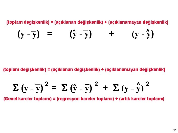 (toplam değişkenlik) = (açıklanan değişkenlik) + (açıklanamayan değişkenlik) (y - y) = ^ (y