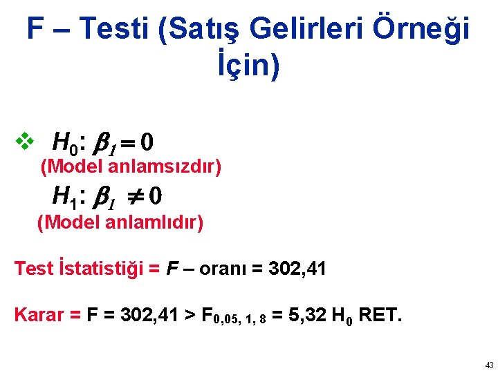 F – Testi (Satış Gelirleri Örneği İçin) v H 0: b 1 = (Model