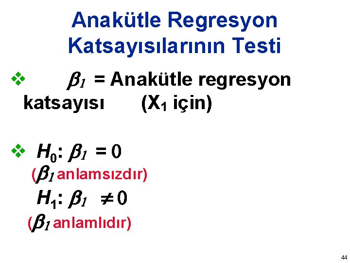 Anakütle Regresyon Katsayısılarının Testi v b 1 = Anakütle regresyon katsayısı (X 1 için)