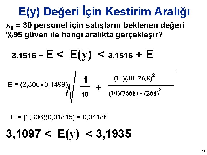 E(y) Değeri İçin Kestirim Aralığı x 0 = 30 personel için satışların beklenen değeri