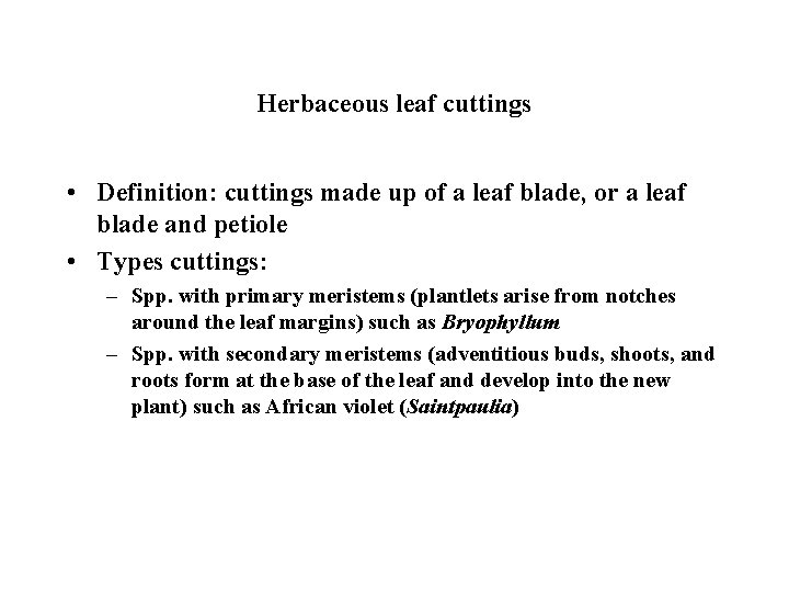 Herbaceous leaf cuttings • Definition: cuttings made up of a leaf blade, or a