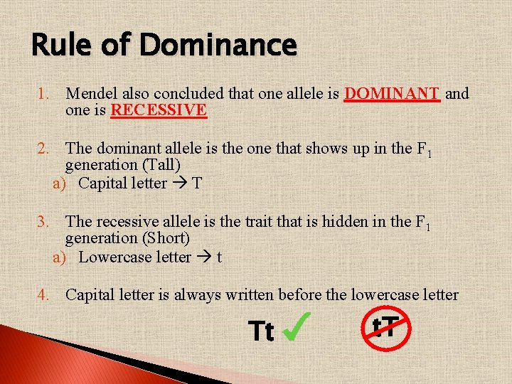 Rule of Dominance 1. Mendel also concluded that one allele is DOMINANT and one