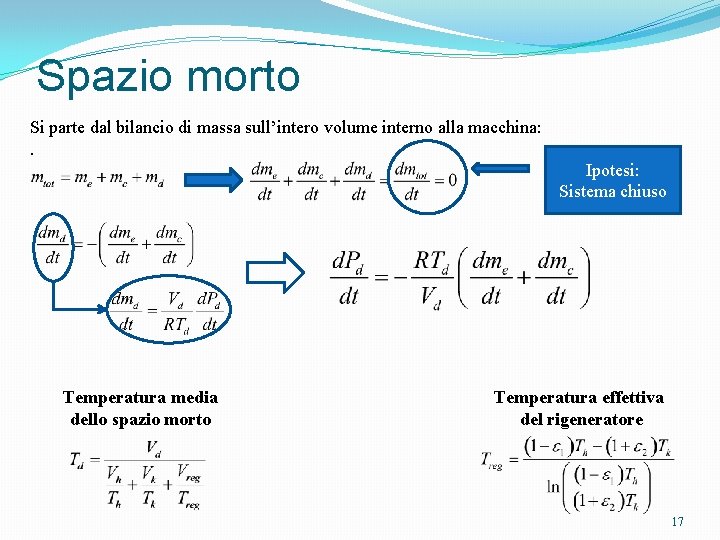 Spazio morto Si parte dal bilancio di massa sull’intero volume interno alla macchina: .