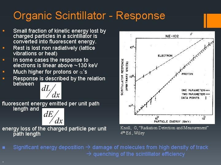 Organic Scintillator - Response § § § Small fraction of kinetic energy lost by
