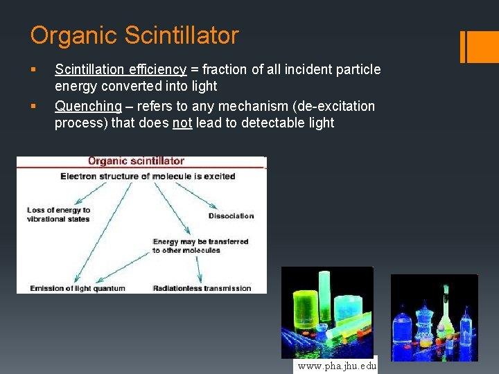 Organic Scintillator § § Scintillation efficiency = fraction of all incident particle energy converted