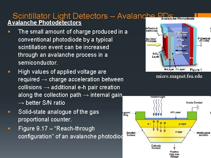 Scintillator Light Detectors – Avalanche PDs Avalanche Photodetectors § The small amount of charge
