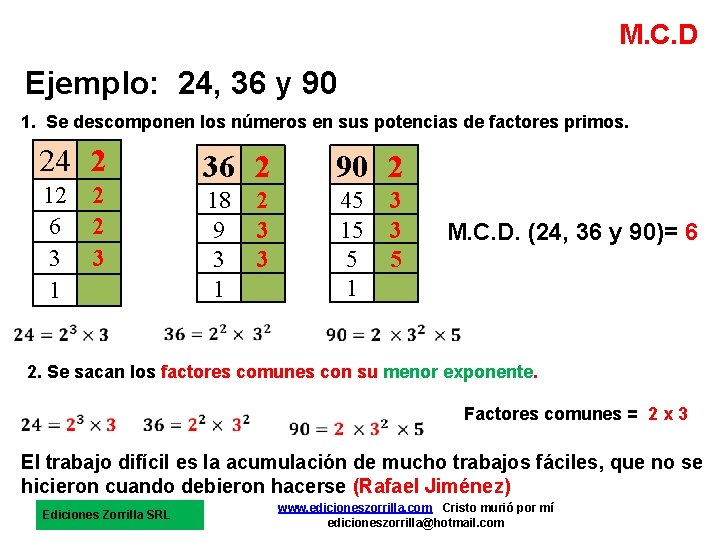 Determinación del Máximo Común Divisor (M. C. D) Ejemplo: 24, 36 y 90 1.