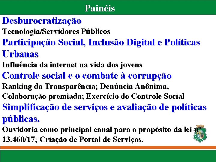 Painéis Desburocratização Tecnologia/Servidores Públicos Participação Social, Inclusão Digital e Políticas Urbanas Influência da internet