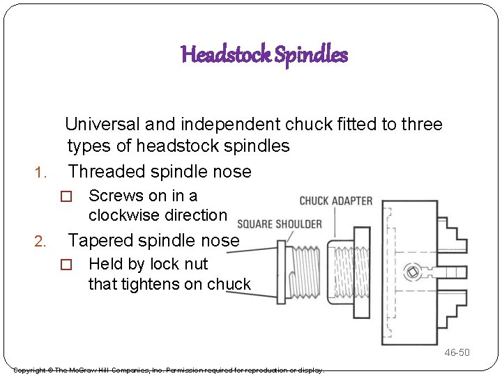 Headstock Spindles Universal and independent chuck fitted to three types of headstock spindles 1.