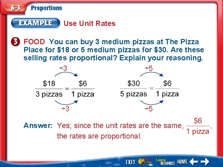 Use Unit Rates FOOD You can buy 3 medium pizzas at The Pizza Place